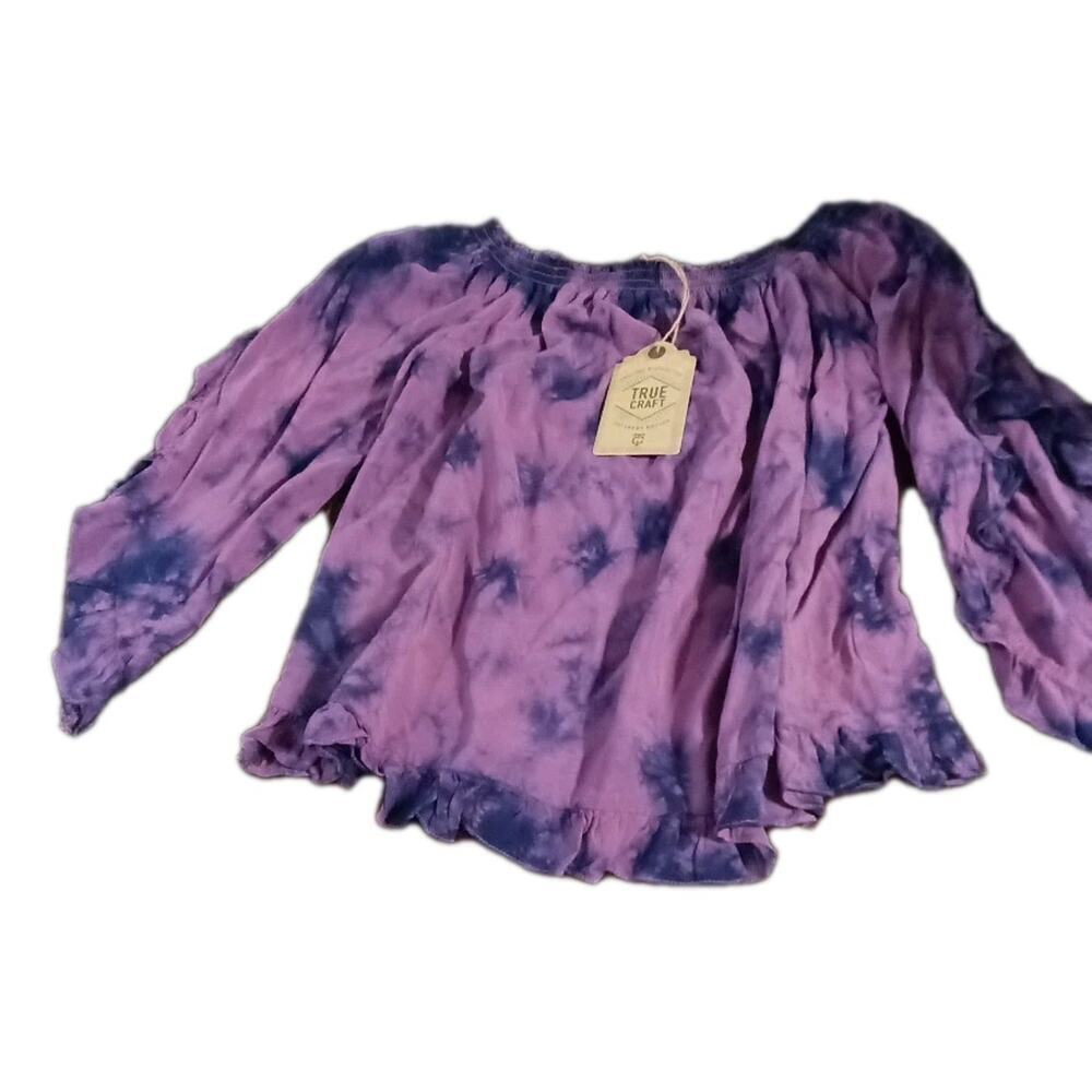 Peasant Blouse Ruffle Sleeves Smocked Neckline Tye Dye Purple Boho Cottage Sz.L